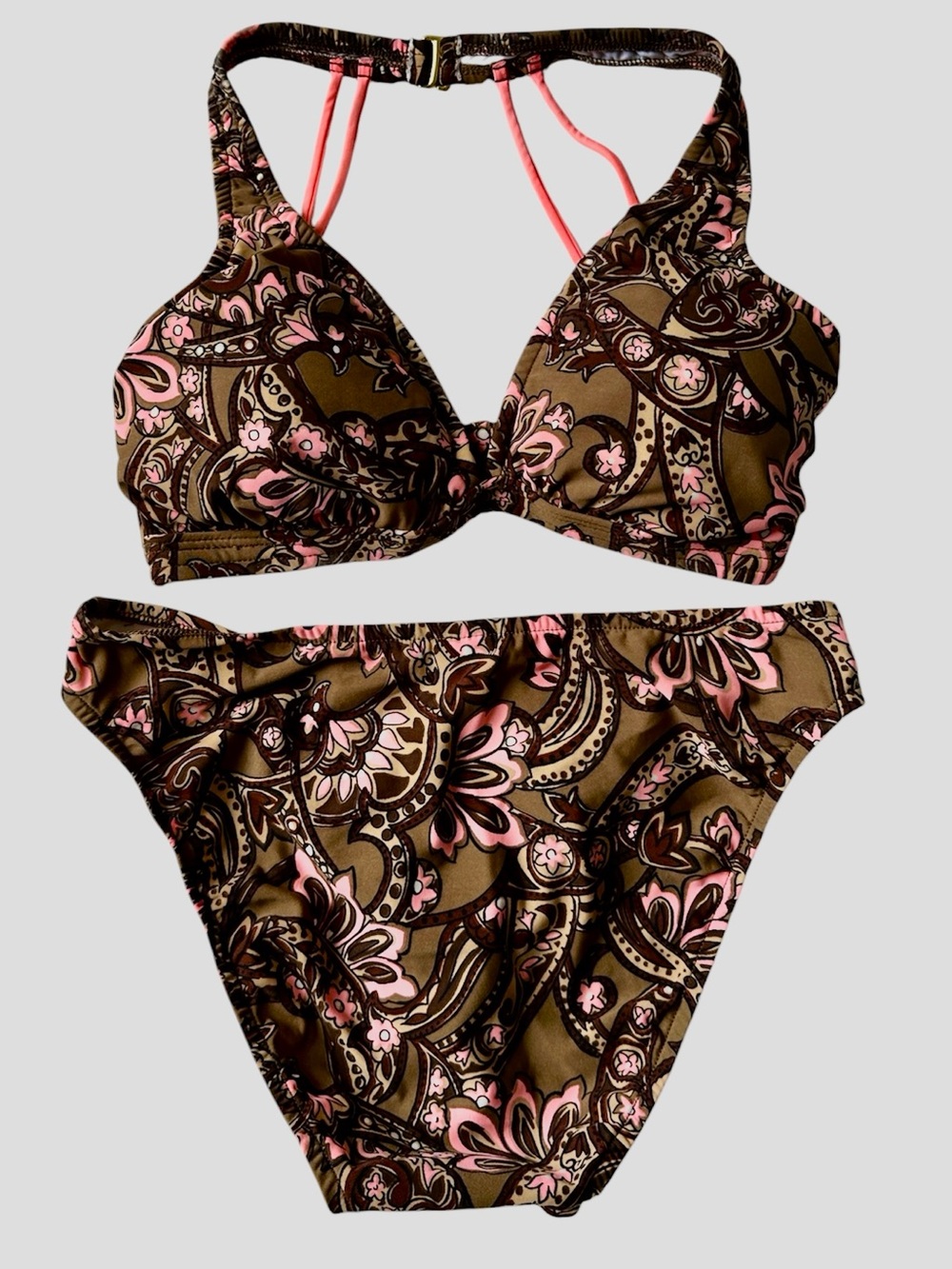 VENUS Brown and Pink Paisley Bikini w/ Removable Padding-top D and bottoms 6